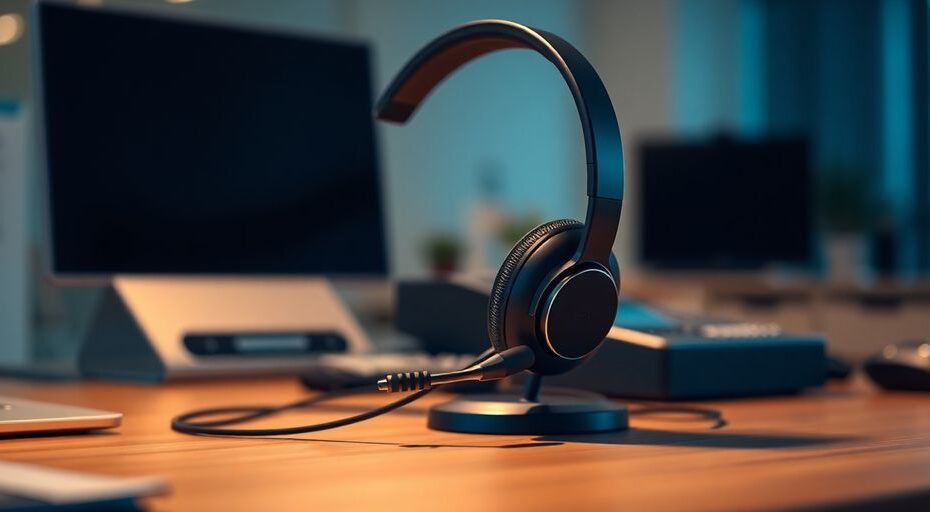 Headset and microphone on a desk.