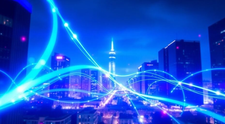 Fiber optic cable connecting modern city buildings with glowing light trails.
