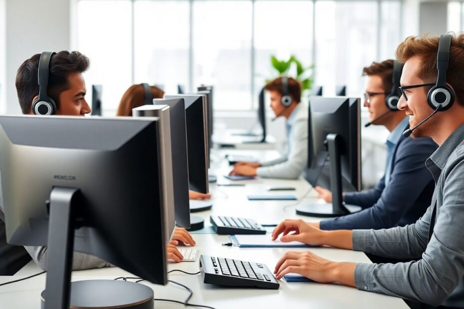 Office workers using headsets in a modern workspace