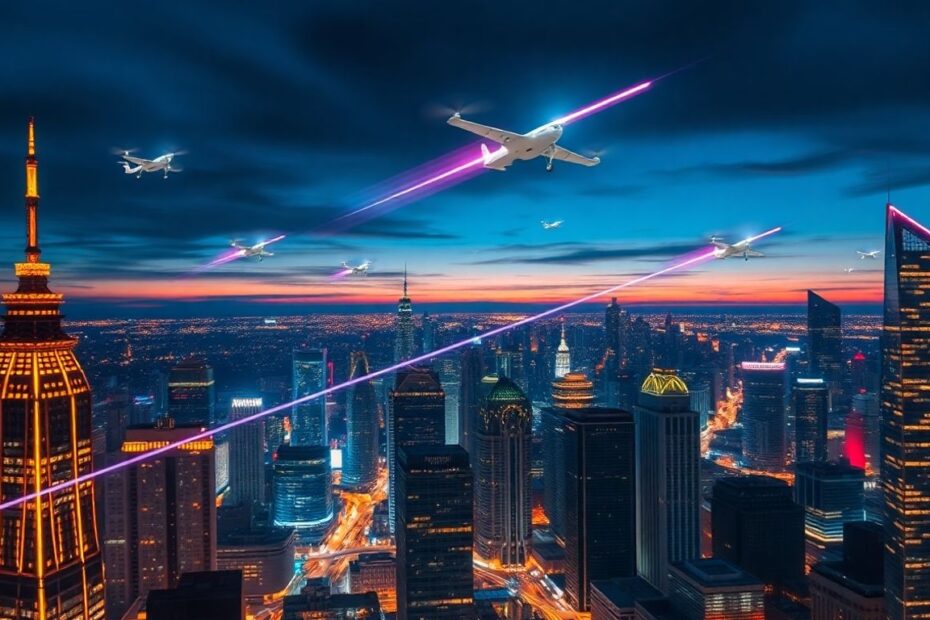 Global cityscape with glowing skyscrapers and flying vehicles.