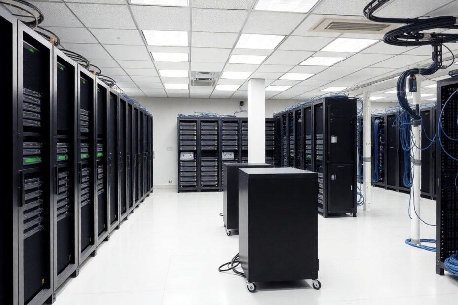 Telecommunications room with organized equipment racks and pathways.