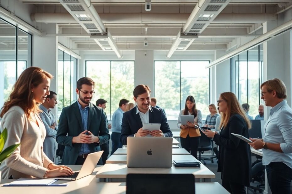 Professionals collaborating in a bright, modern office.