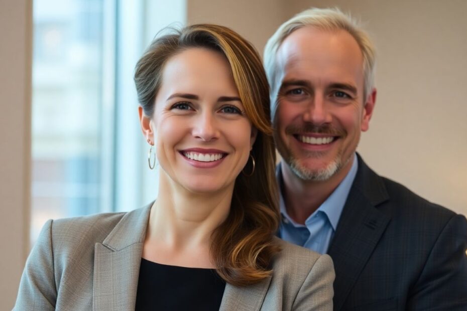 Kate Johnson and husband posing together indoors.