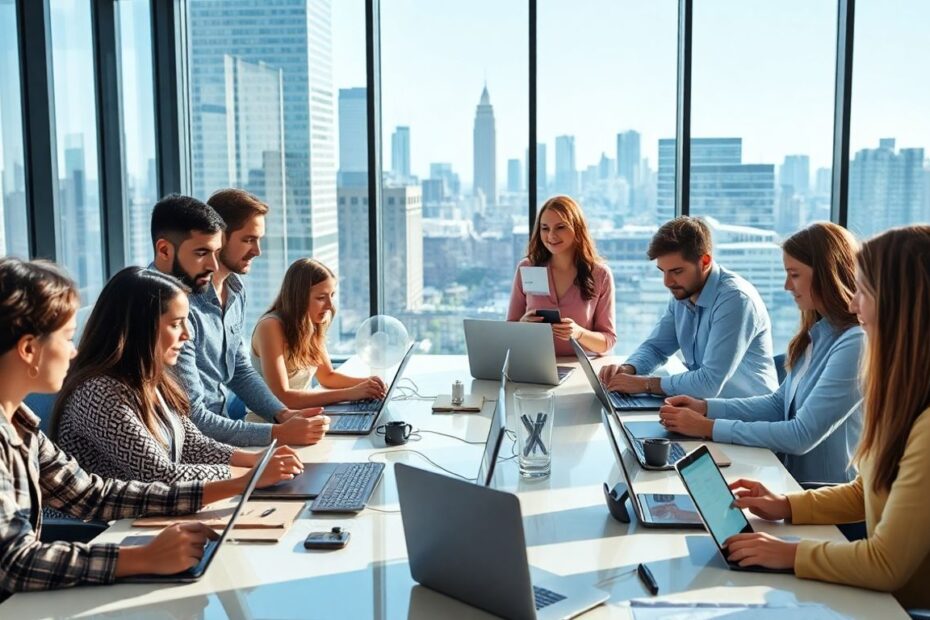 Modern professionals using digital devices in a bright office