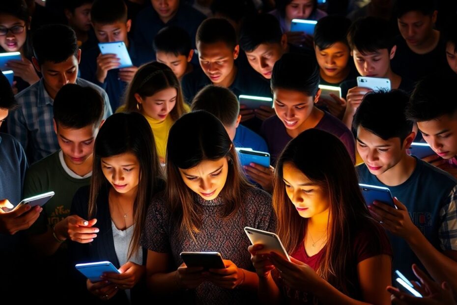 People connecting through glowing digital devices in various social settings.
