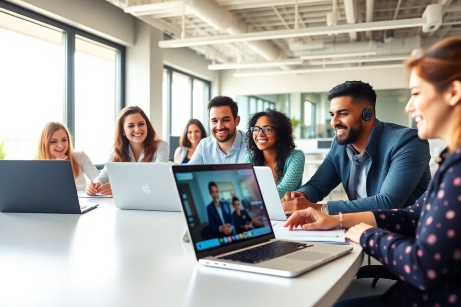 Microsoft Teams collaboration in a modern office setting.