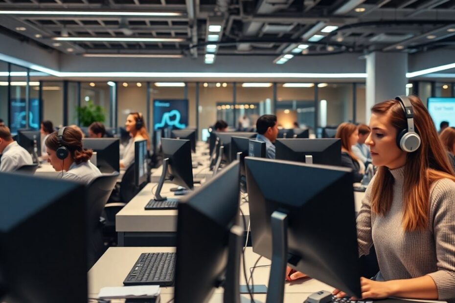 Contact center professionals working with advanced technology.