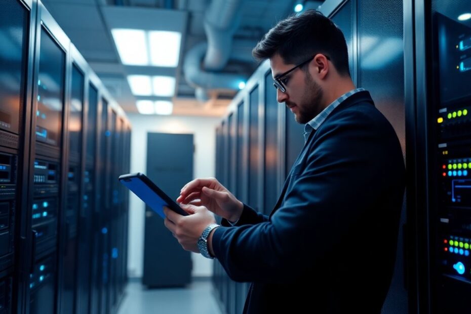 IT engineer in server room with Cisco equipment