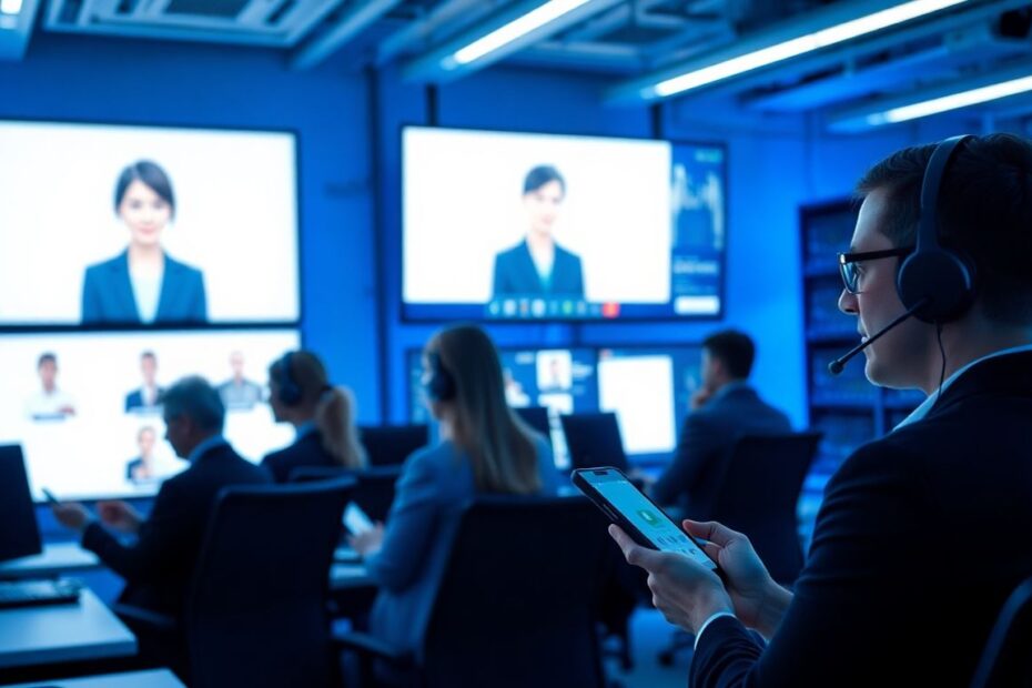 Professionals using VoIP phones in a modern office