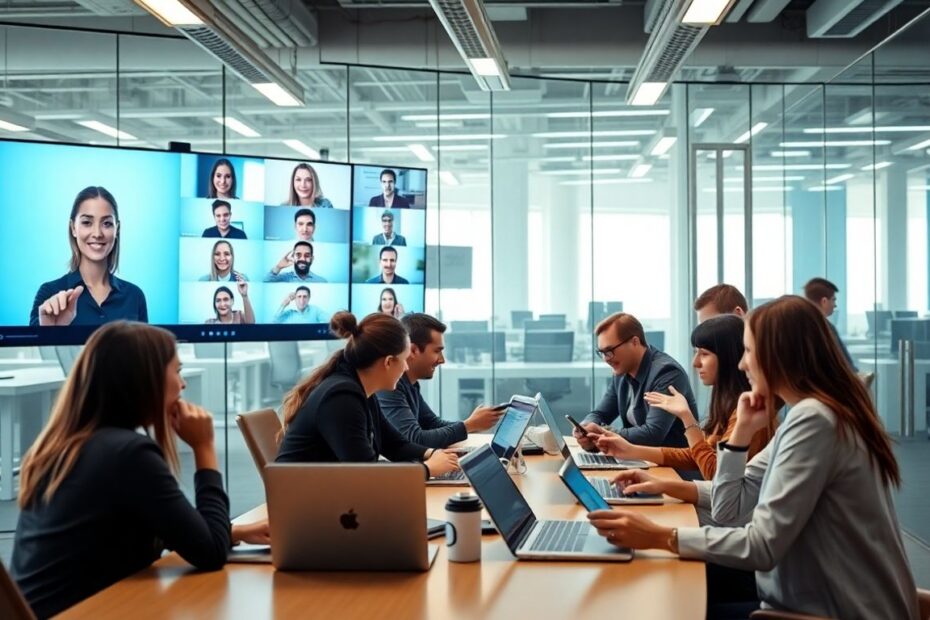 Team collaborating with devices in a modern office