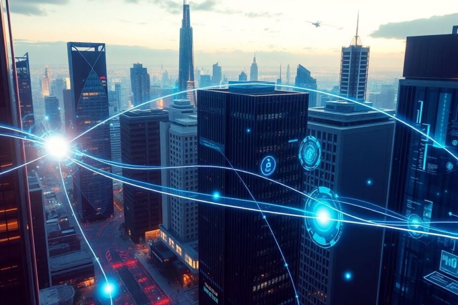Futuristic cityscape with digital connections and holographic interfaces.