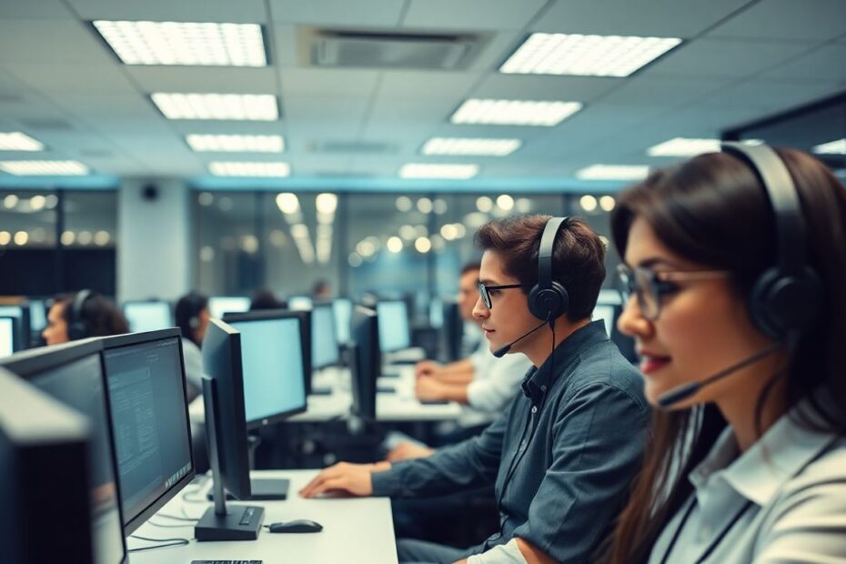 Modern contact center with agents at workstations.