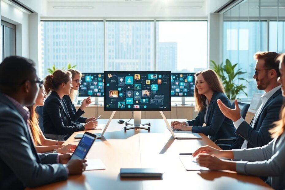 Business professionals collaborating with unified communications technology.
