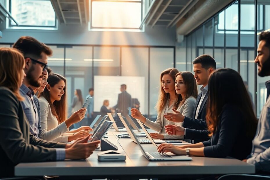 Professionals using futuristic unified communications technology.