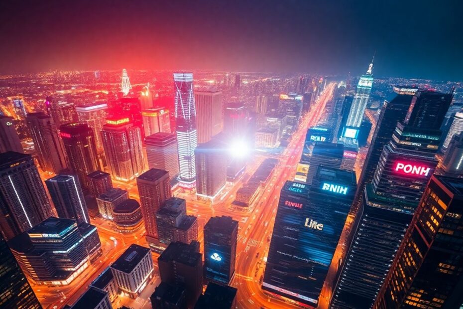 Global cityscape with futuristic glow, telecommunications theme.