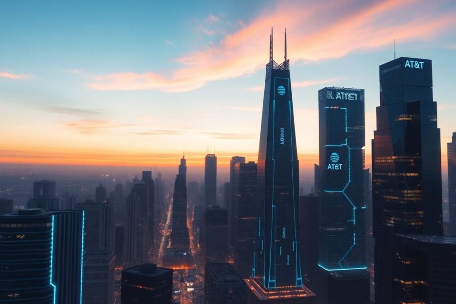 Futuristic cityscape with AT&T integration, digital streams.