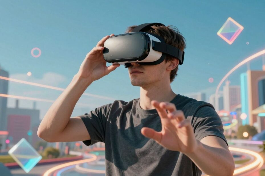 Person in VR headset exploring futuristic digital world.