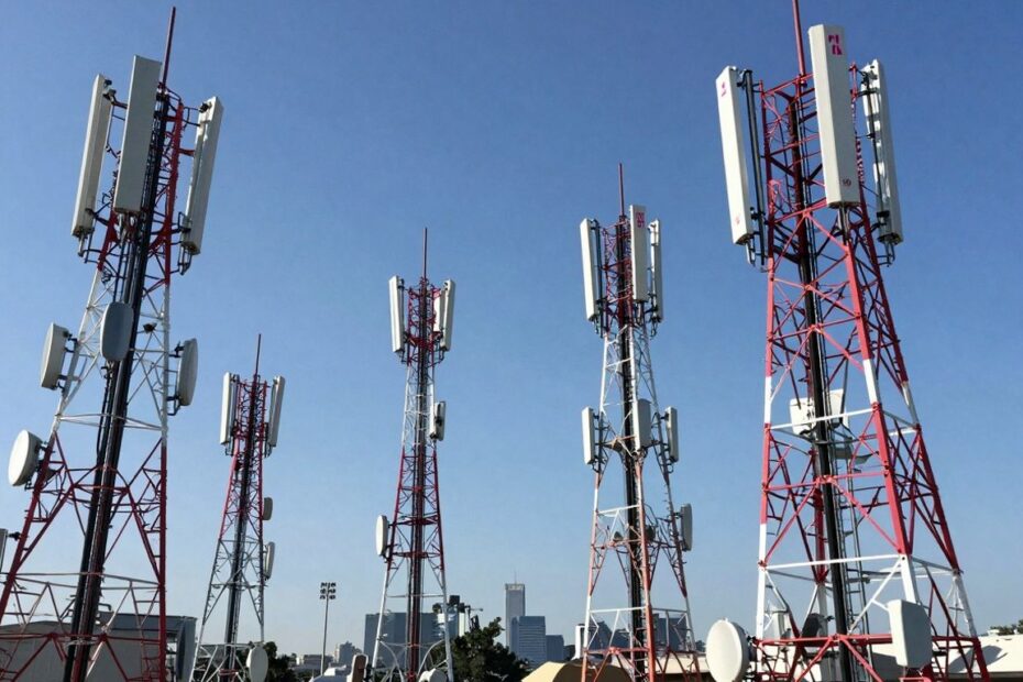 T-Mobile cell towers with city skyline background.