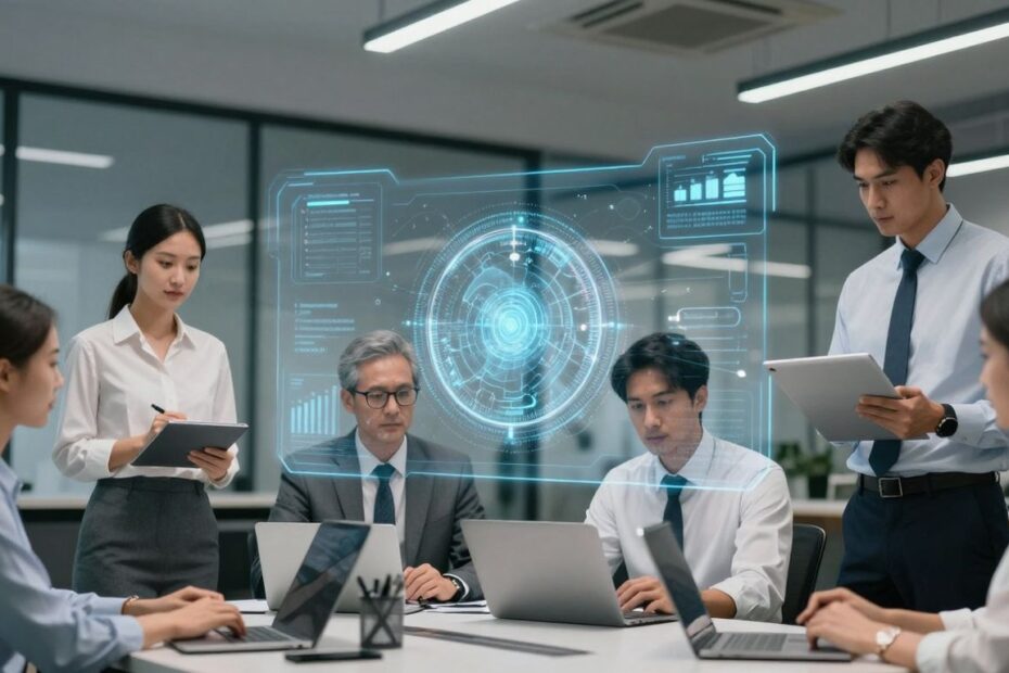 Modern business professionals collaborating with advanced UCaaS technology.