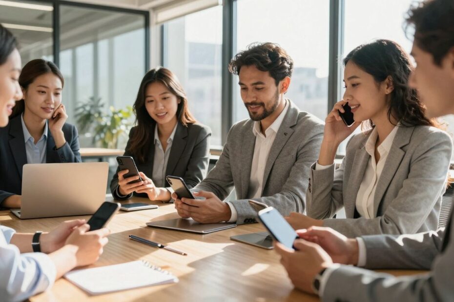 Business people using cell phones in an office.