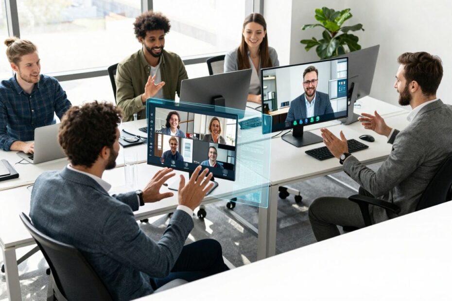 Diverse team collaborating seamlessly in a modern office setting.