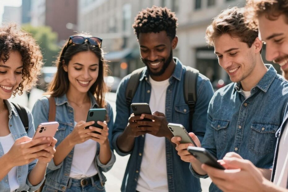 People using AT&T phones outdoors with city background.