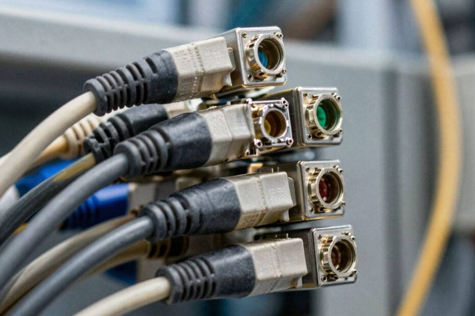 Network cables and connectors in telecommunications.