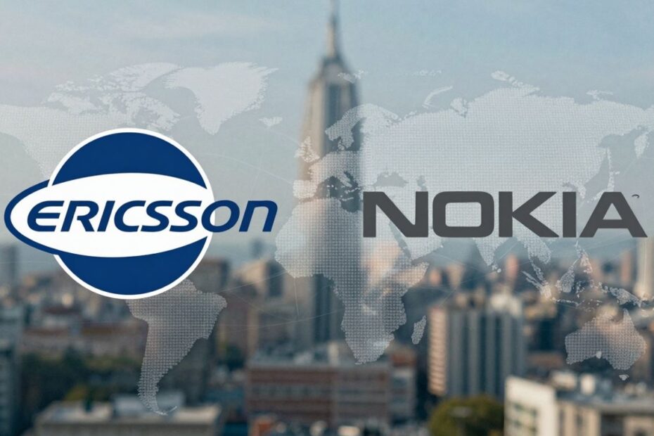 Ericsson and Nokia logos with abstract network background.