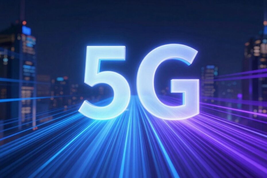 Futuristic 5G network connectivity with light streaks.