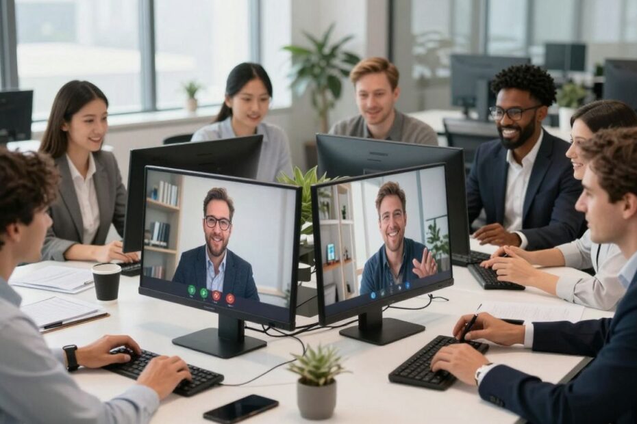 Business professionals collaborating via video conference.