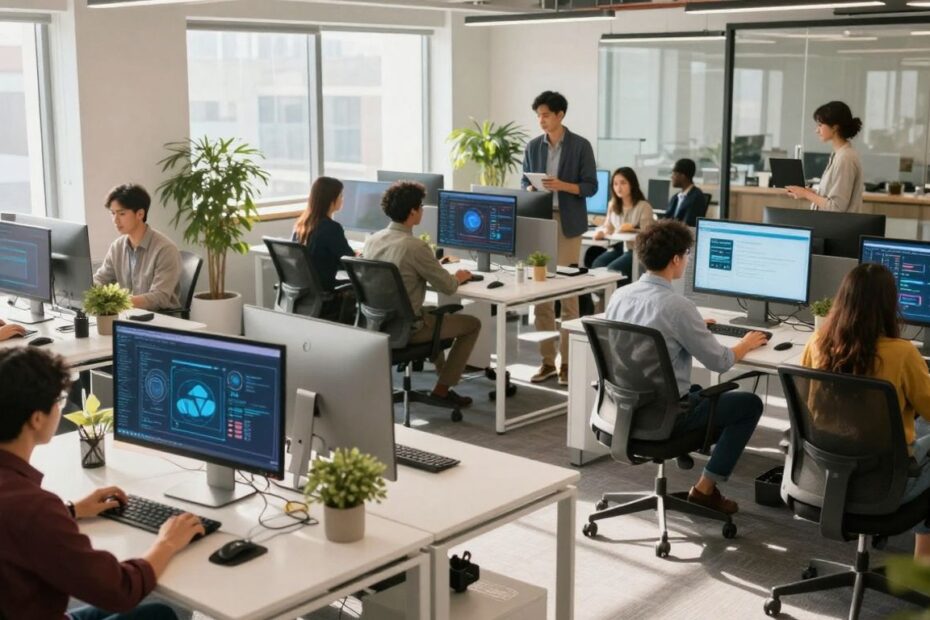 Modern office with people using digital interfaces.
