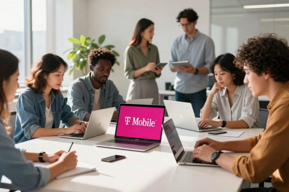 Business professionals collaborating in a modern office with T-Mobile device.