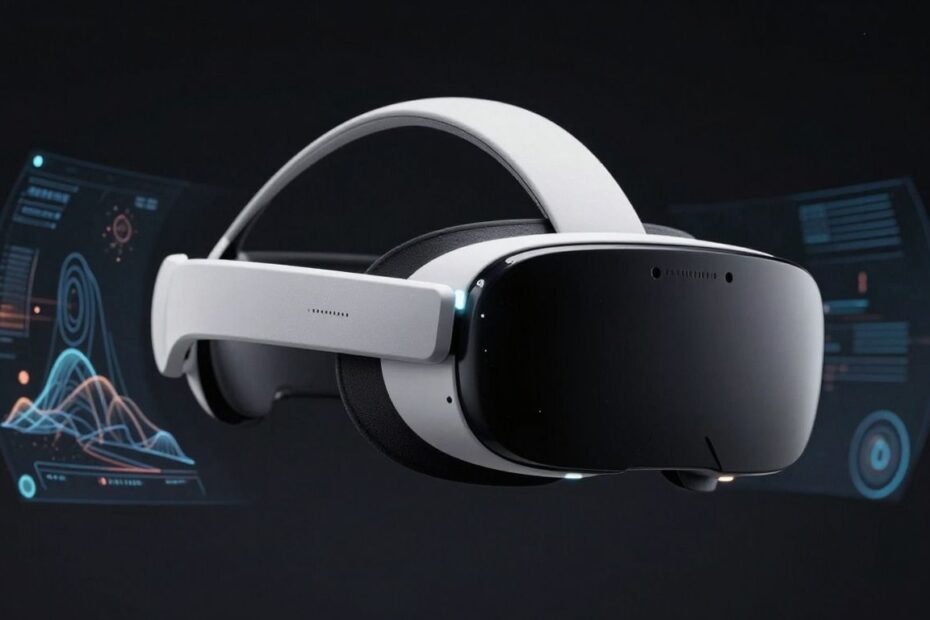 Futuristic VR headset with holographic projections.
