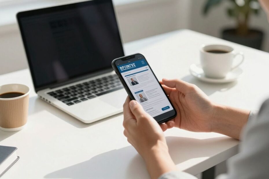 VoIP newsletter on a smartphone in an office.