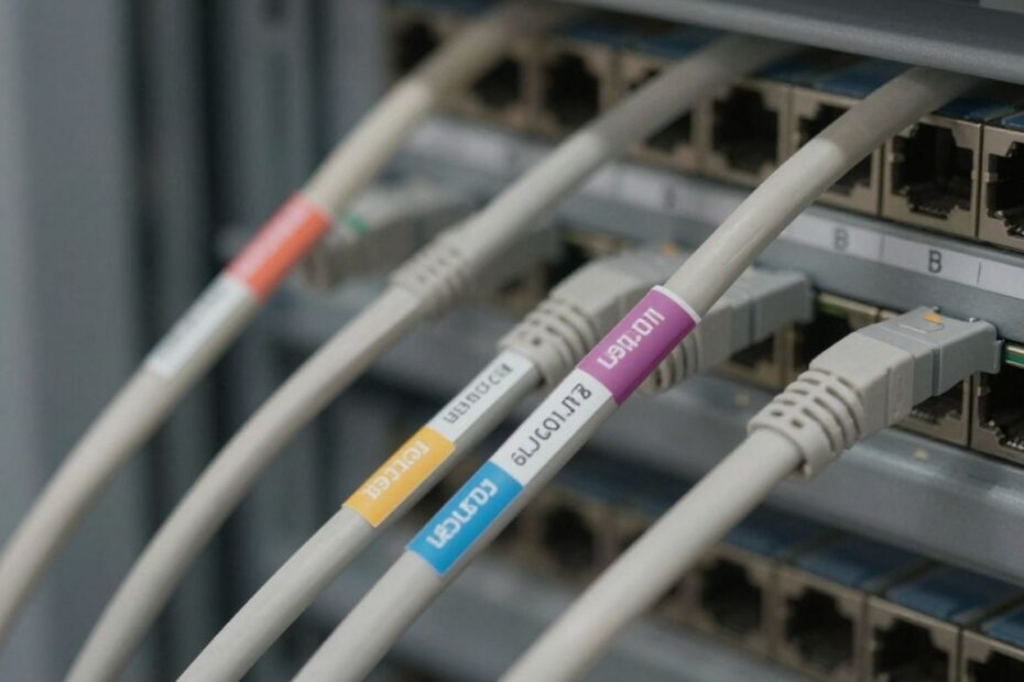 Telecommunications rack with color-coded cable labels.
