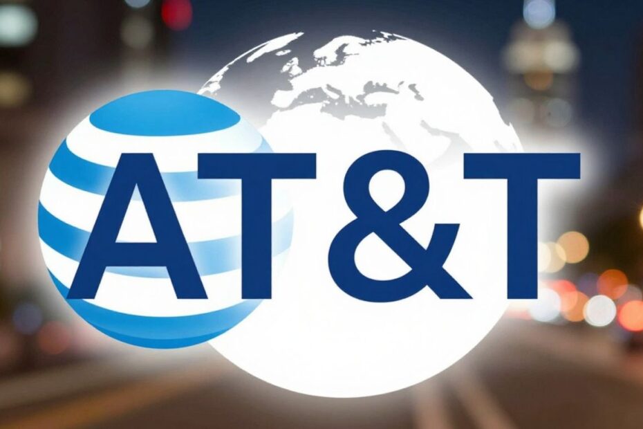 AT&T logo against a blurred city lights background.