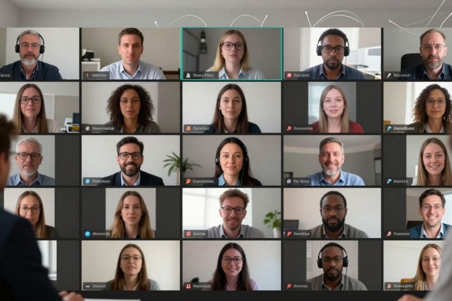Modern business team collaborating via video conference.