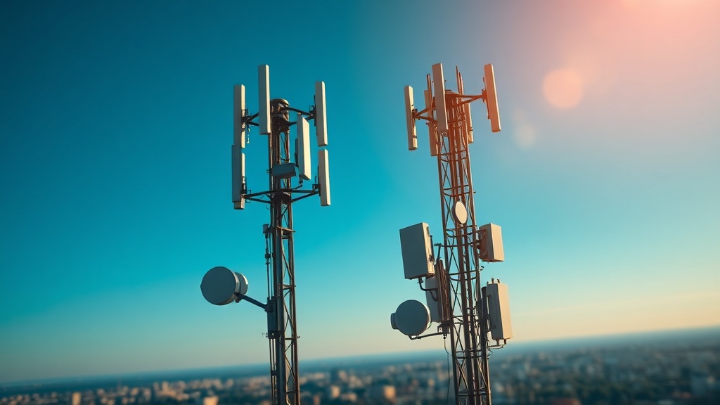Urban 5G network infrastructure with towers and connectivity visualization across city buildings